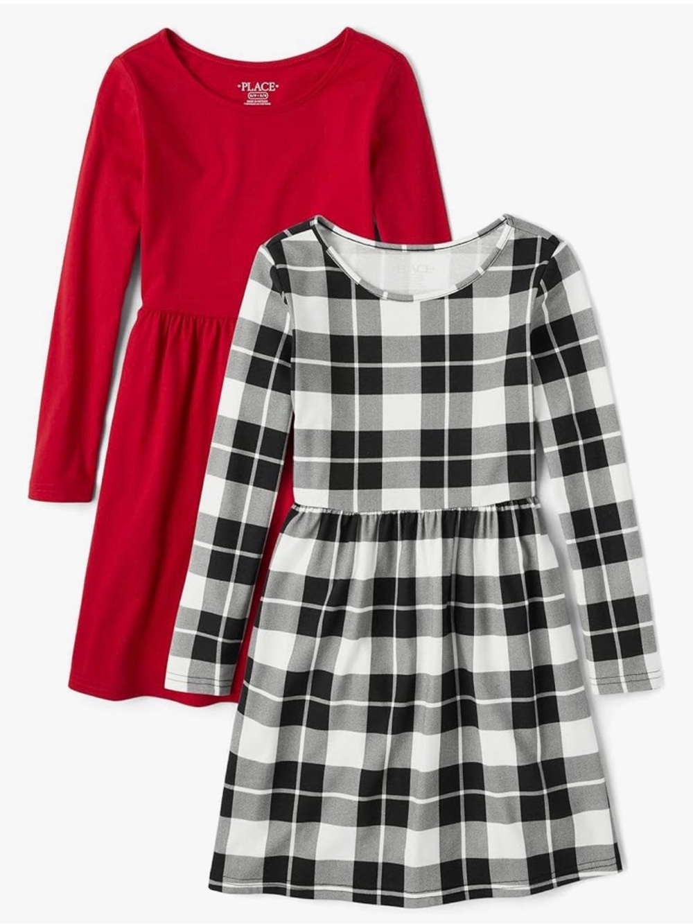 XS/TP The Children's Place Red Solid & Black-and-White Plaid Long-Sleeve Dress